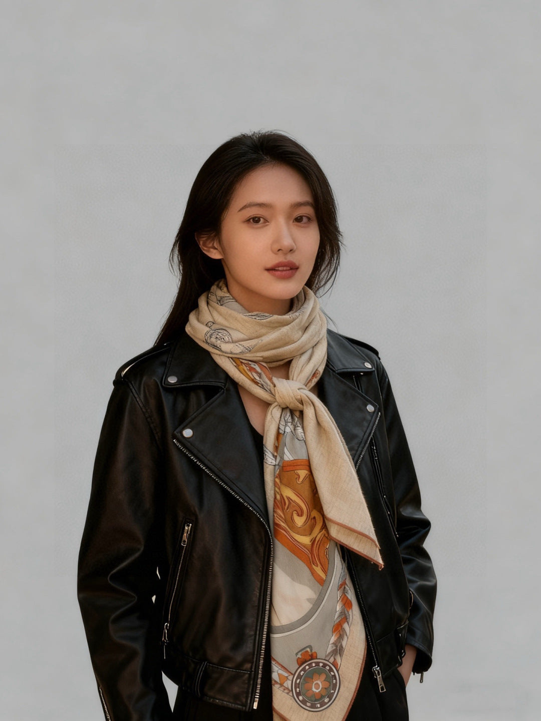 HM 25s Velvet Square Scarf 140cm Beige Colorful Cashmere 976218