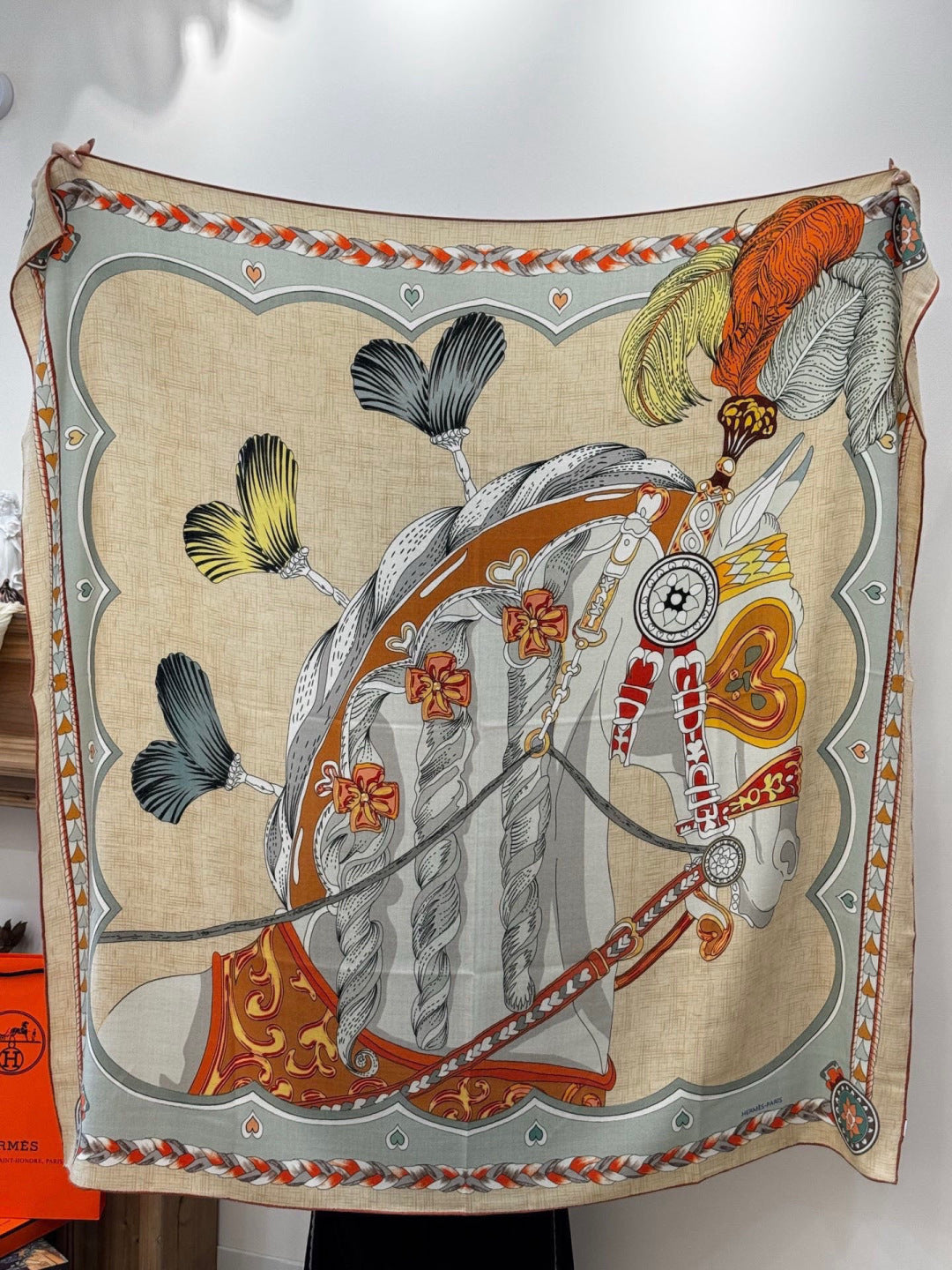 HM 25s Velvet Square Scarf 140cm Beige Colorful Cashmere 976218