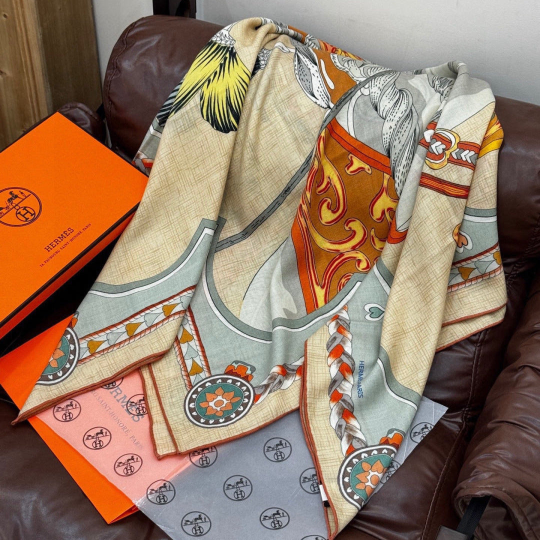 HM 25s Velvet Square Scarf 140cm Beige Colorful Cashmere 976218