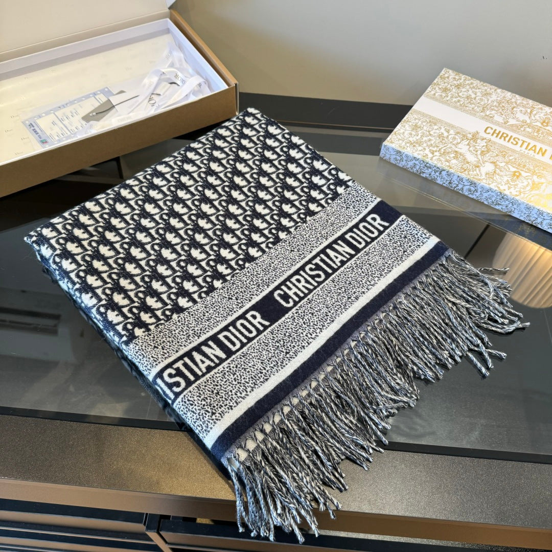 CD Jacquard Logo Scarf 140CM Dark Blue Wool Cashmere. 293334