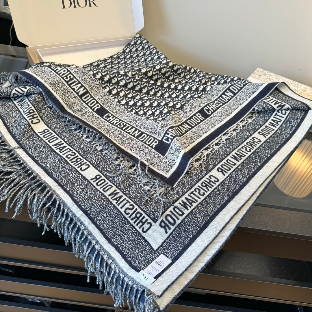 CD Jacquard Logo Scarf 140CM Dark Blue Wool Cashmere. 293334