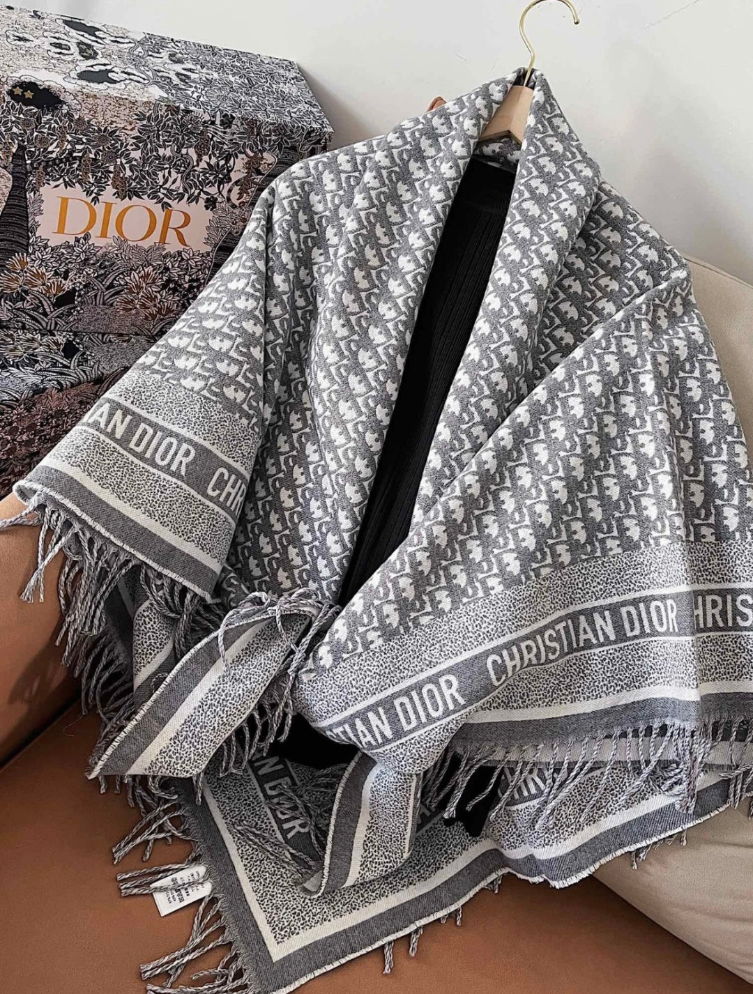 CD Jacquard Logo Scarf 140CM Gray Wool Cashmere 293335