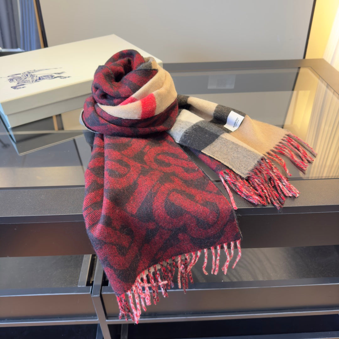 BBR Long Scarf 200CM Red Beige Black Cashmere 293423