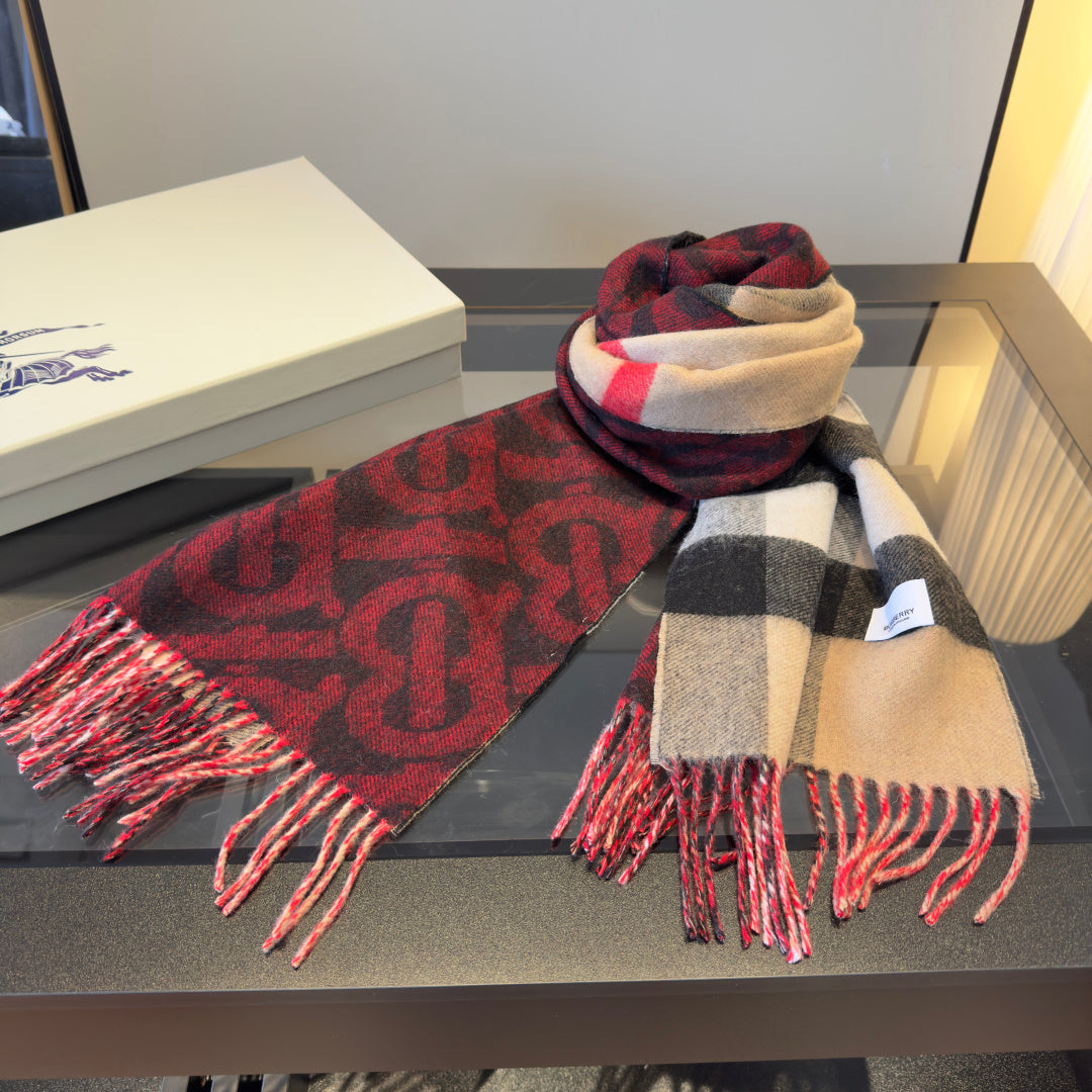BBR Long Scarf 200CM Red Beige Black Cashmere 293423