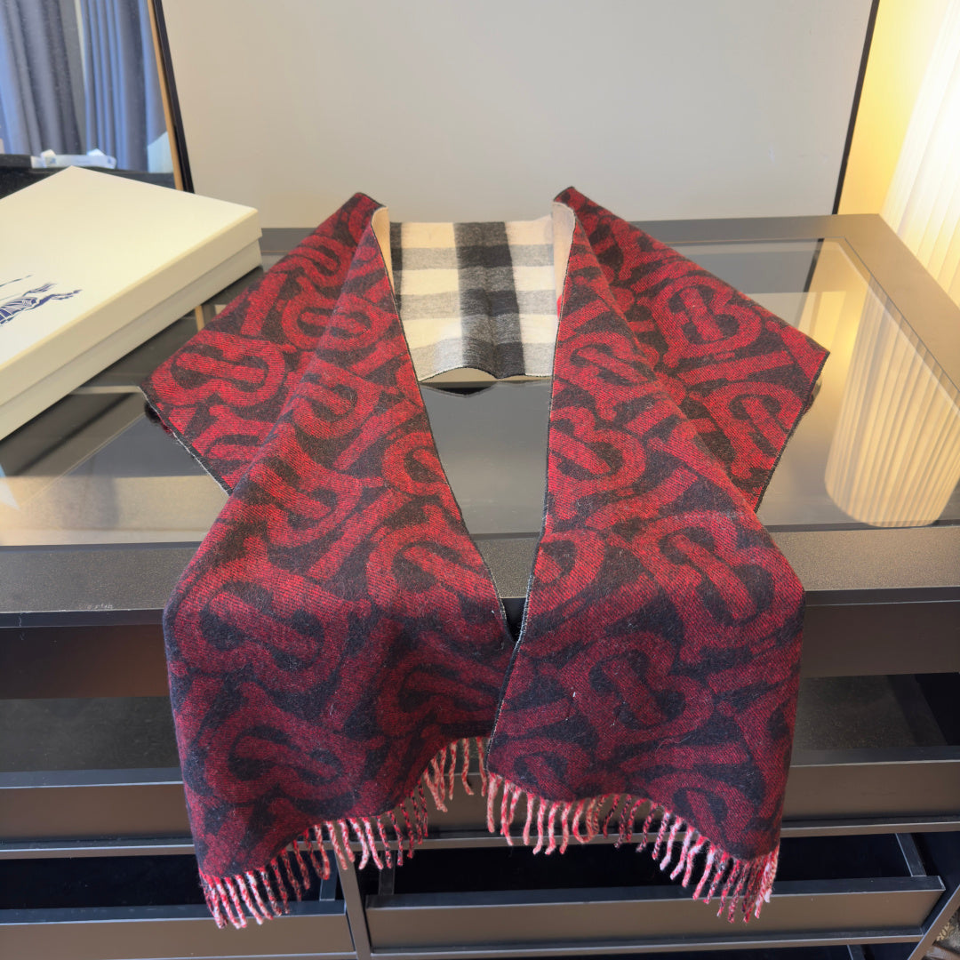 BBR Long Scarf 200CM Red Beige Black Cashmere 293423