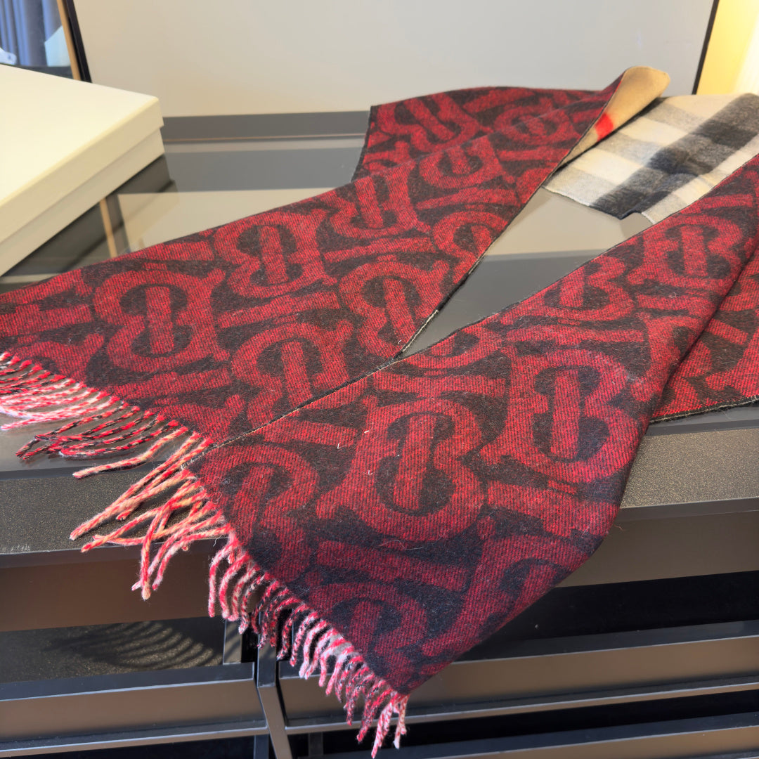 BBR Long Scarf 200CM Red Beige Black Cashmere 293423
