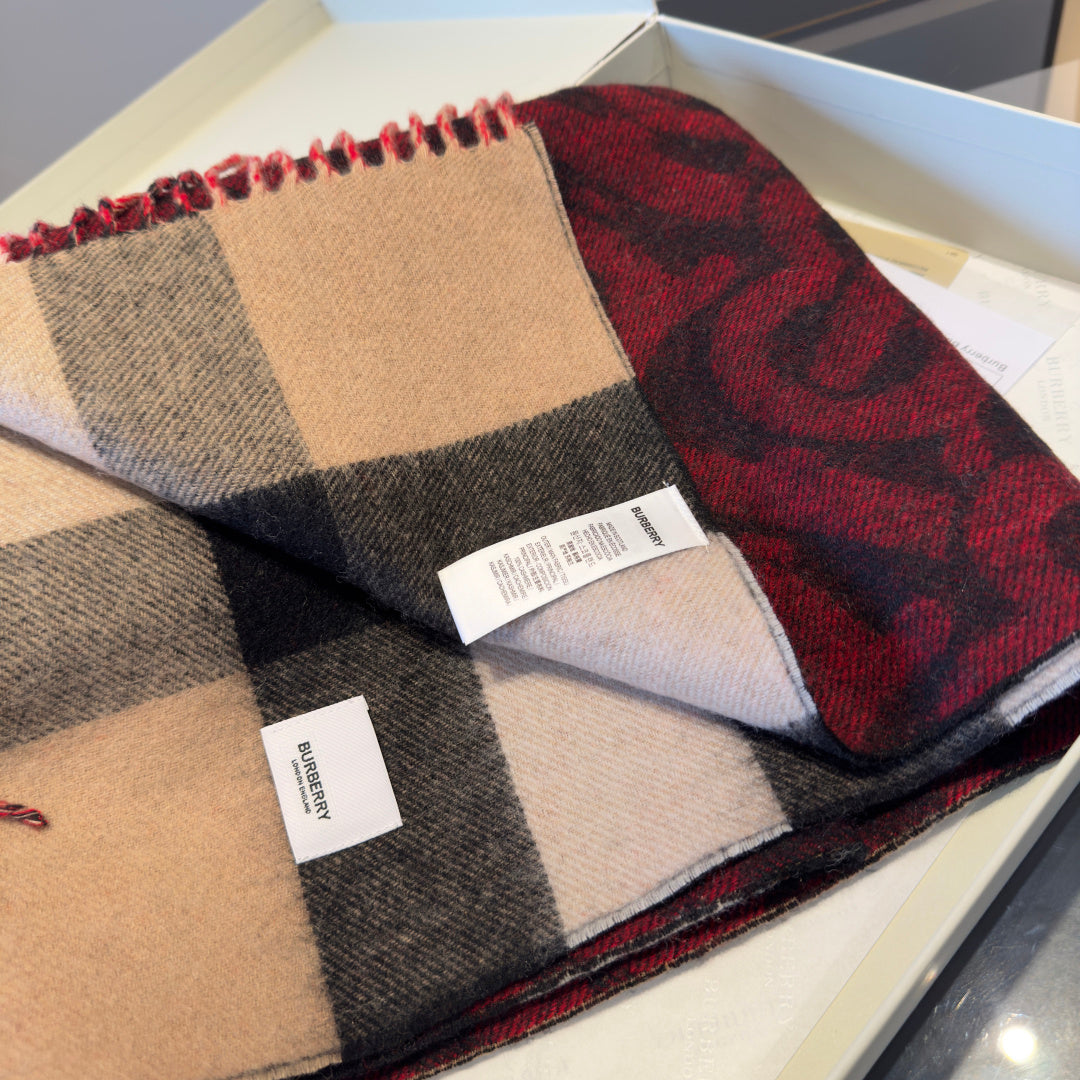 BBR Long Scarf 200CM Red Beige Black Cashmere 293423