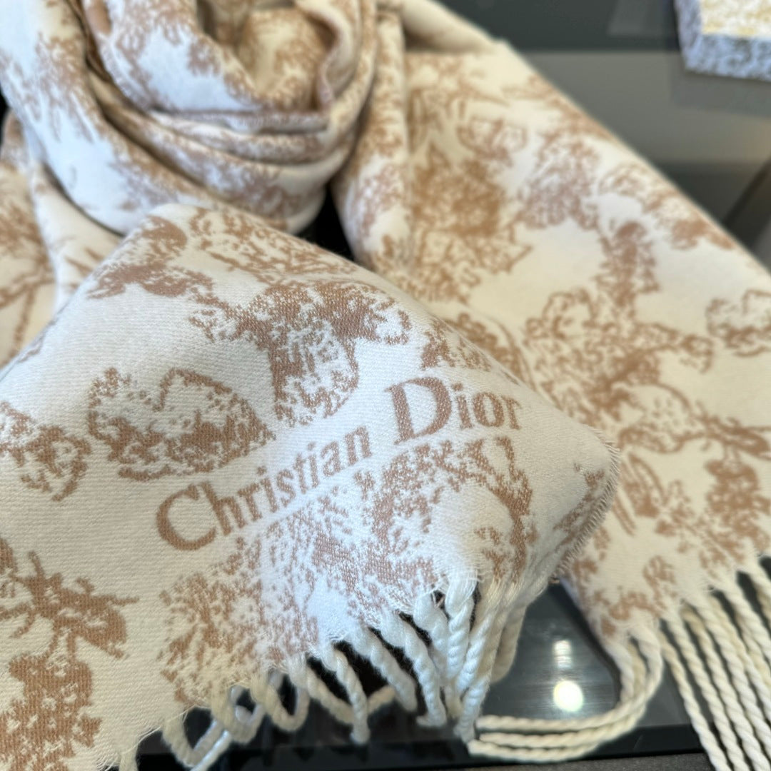 CD Embroidery Scarf 200CM Soft Beige Wool Cashmere 293451