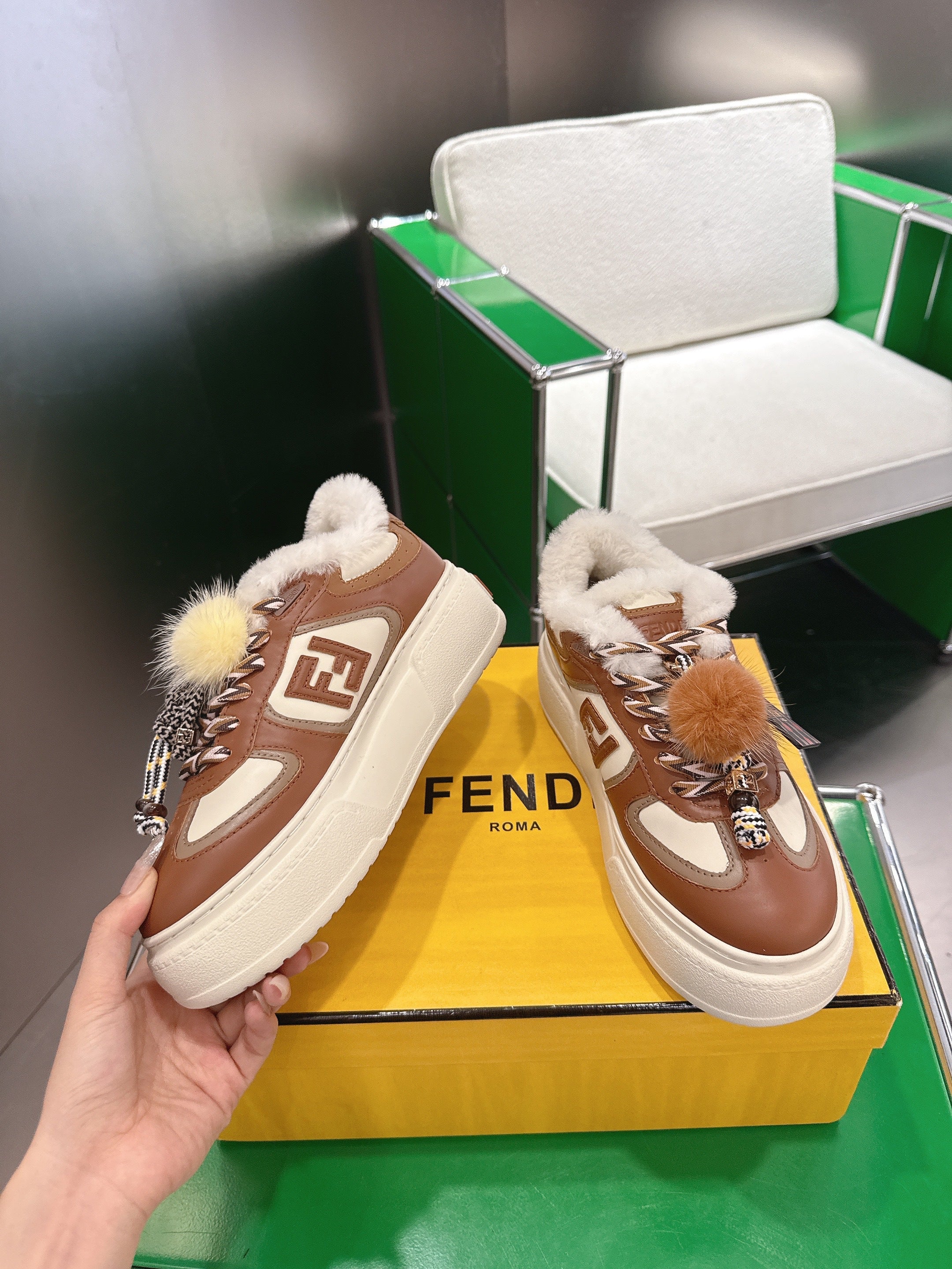 Fendi 2025 Match Platform Sneakers Brown Leather Wool 562580