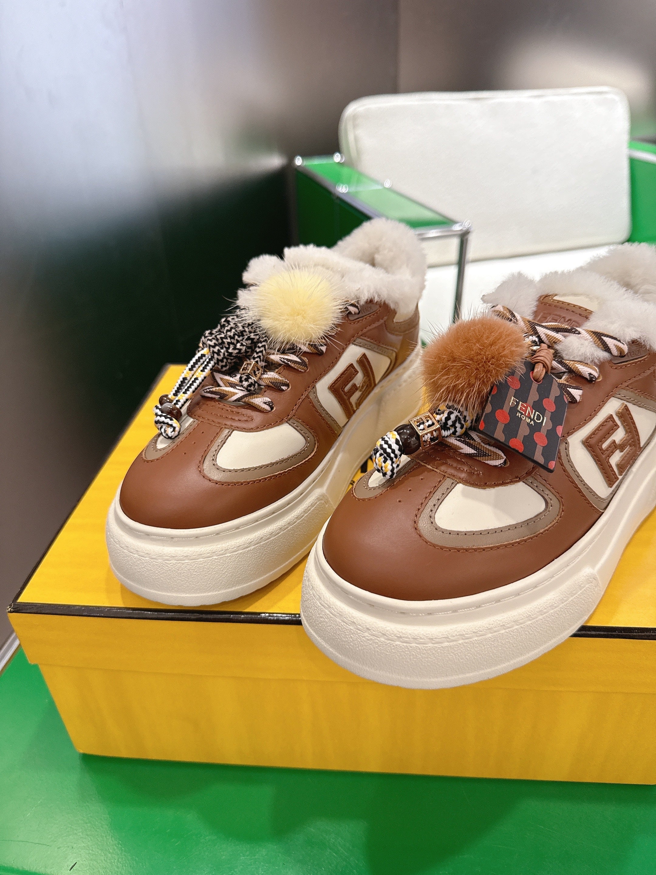 Fendi 2025 Match Platform Sneakers Brown Leather Wool 562580