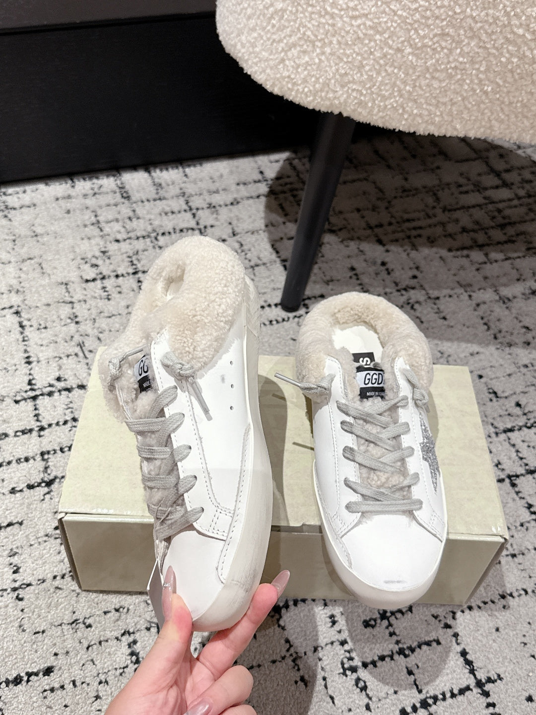 Golden Goose 2025 Star Sabot Shearling-lined Mule White Silver Cowhide Wool 500587