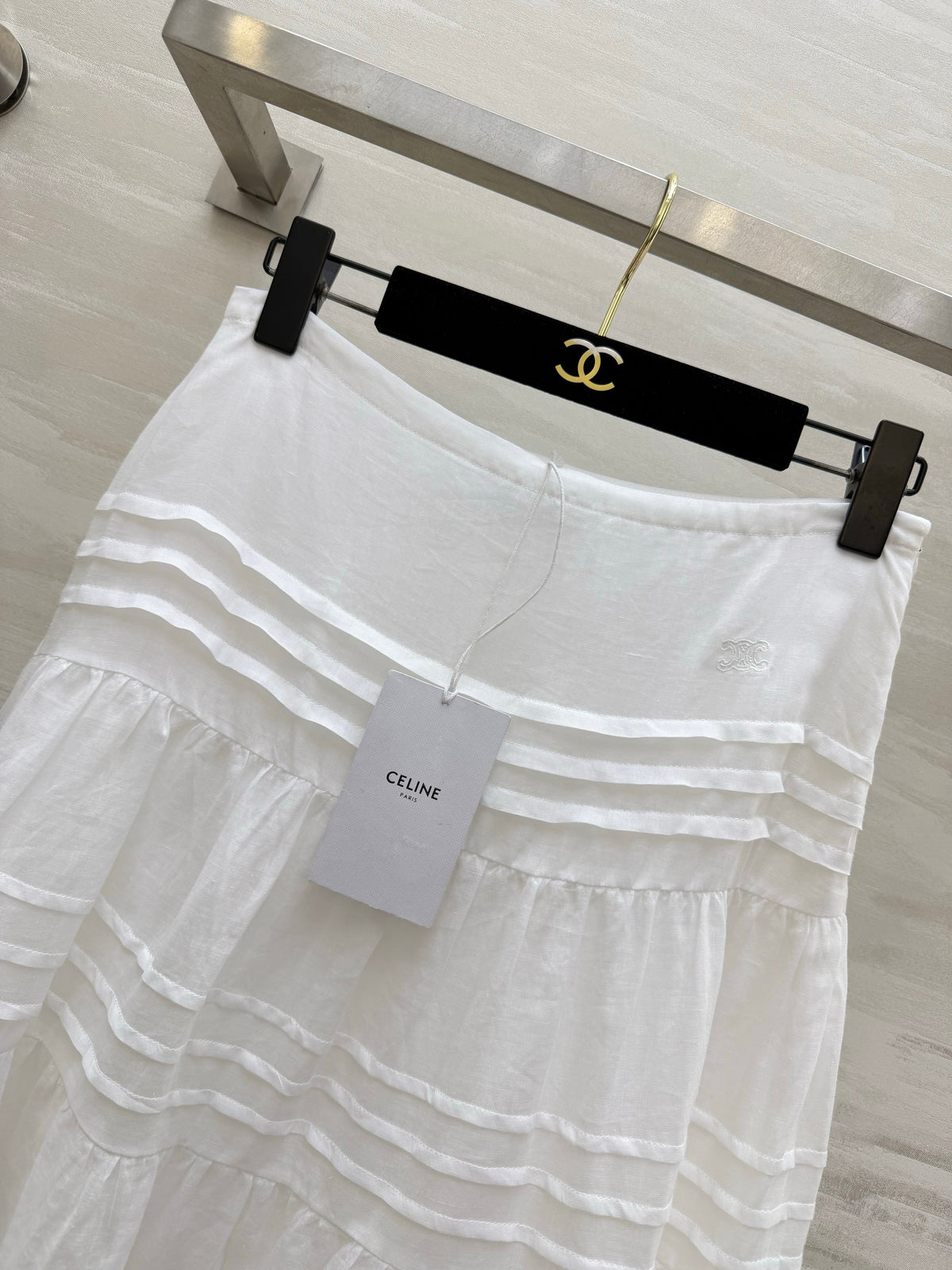 Celine 2026 Long Skirt White Linen Fabric 423411