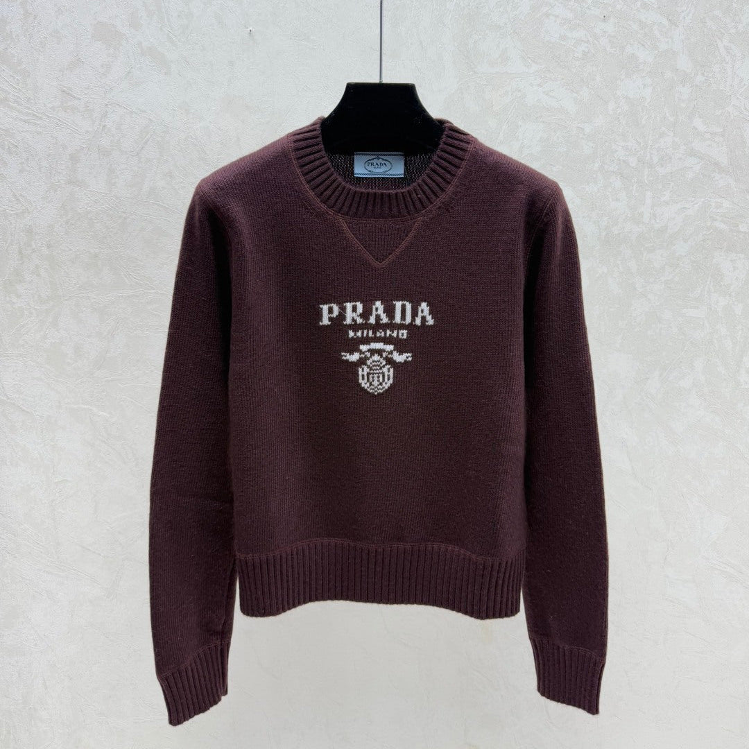 Prada 2025 Round Neck Long-sleeved Knit Sweater Burgundy Wool