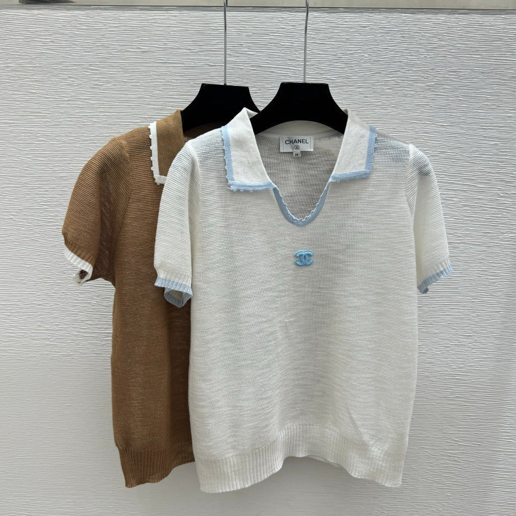 Chanel 2026 Collared Knit Short-sleeved Top Brown White Wool Cashmere 327316