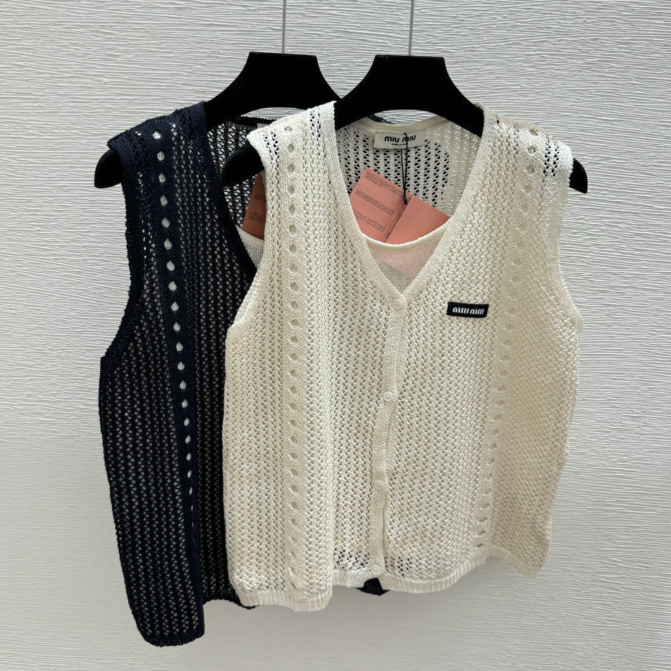 Miumiu 2026 Vest Navy Blue and Cream Tencel Polyester 516025