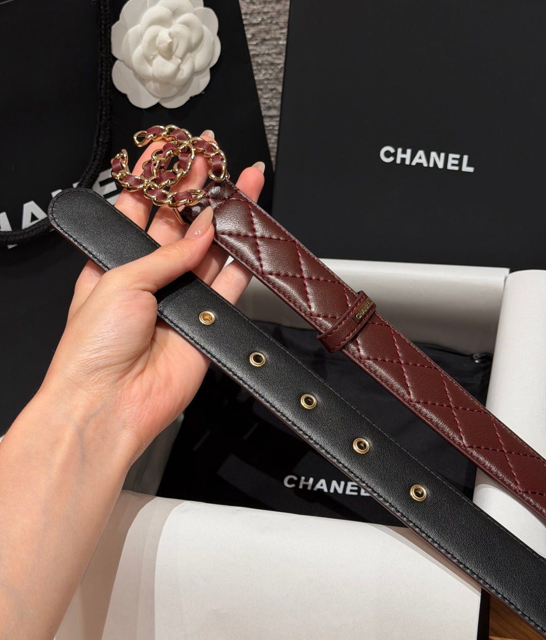 Chanel 2026 CC Buckle Gold Waist Belt Burgundy