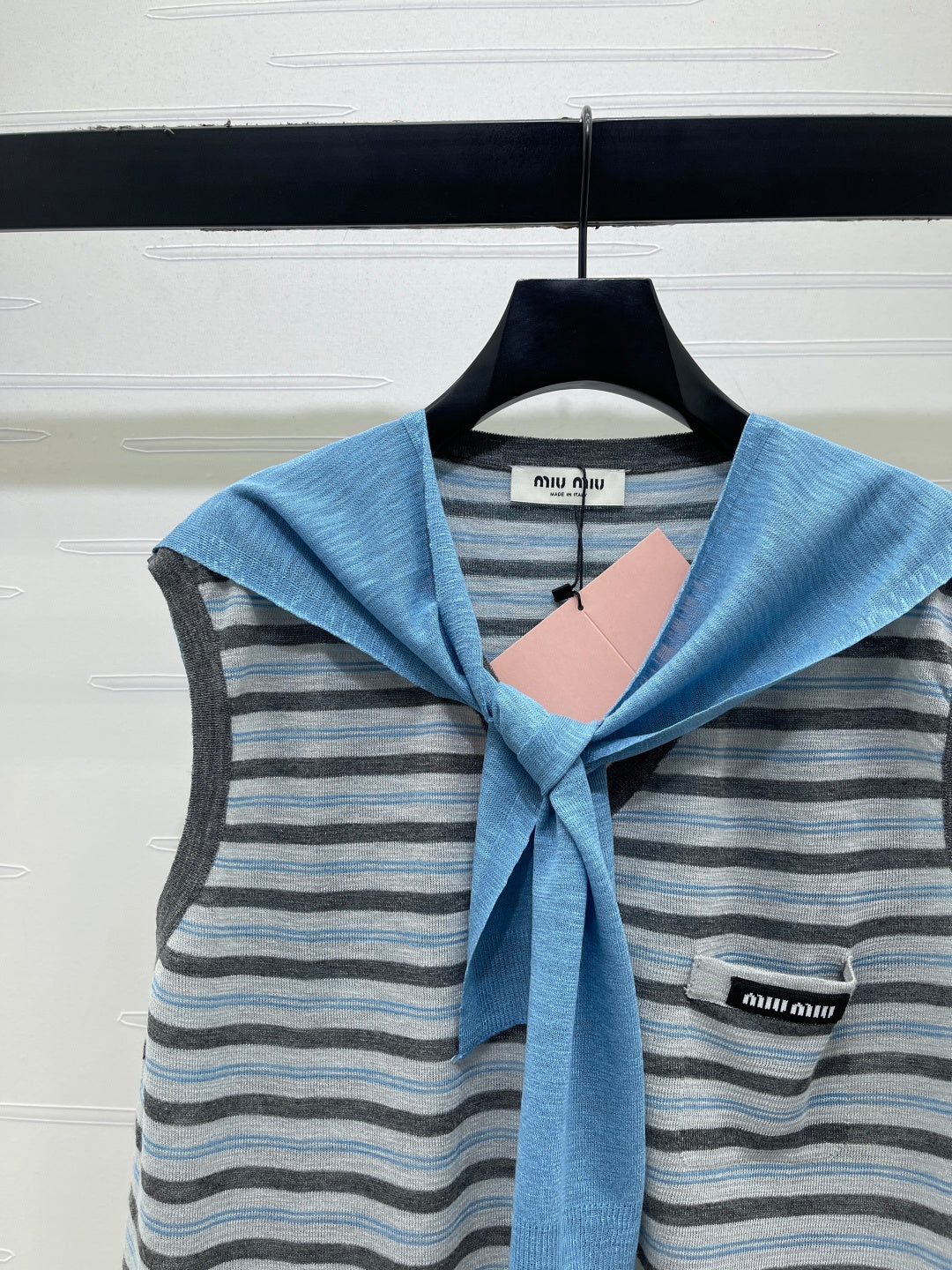 Miumiu 2026 V-neck Striped Knit Vest Blue Grey Wool 397412