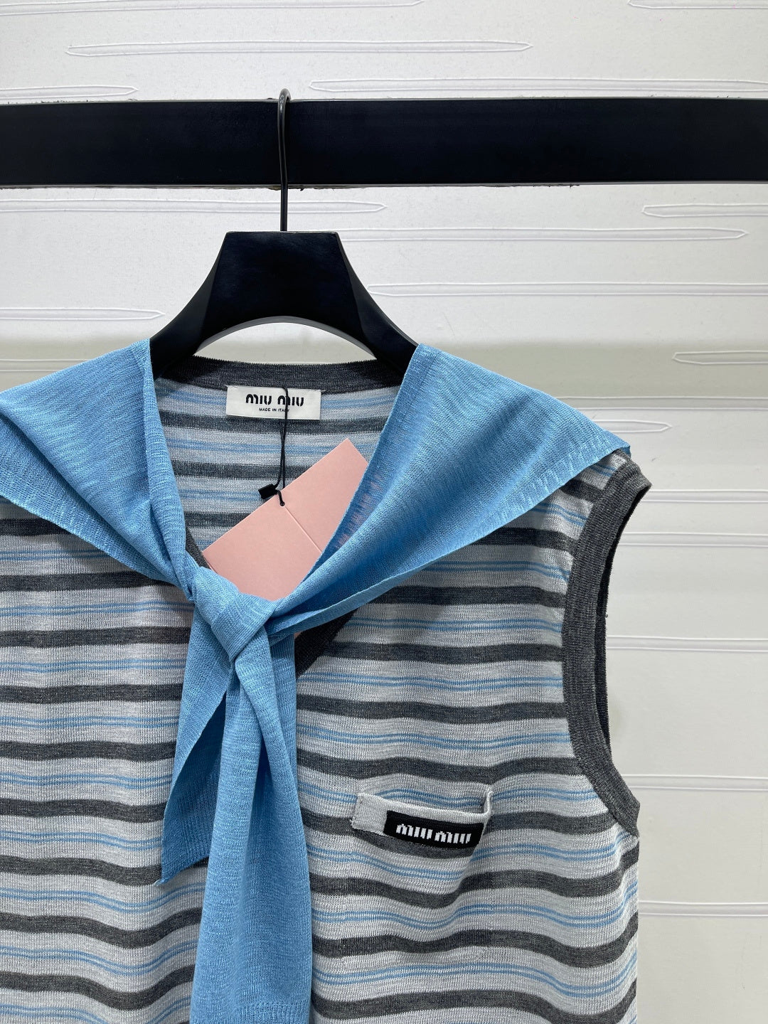 Miumiu 2026 V-neck Striped Knit Vest Blue Grey Wool 397412