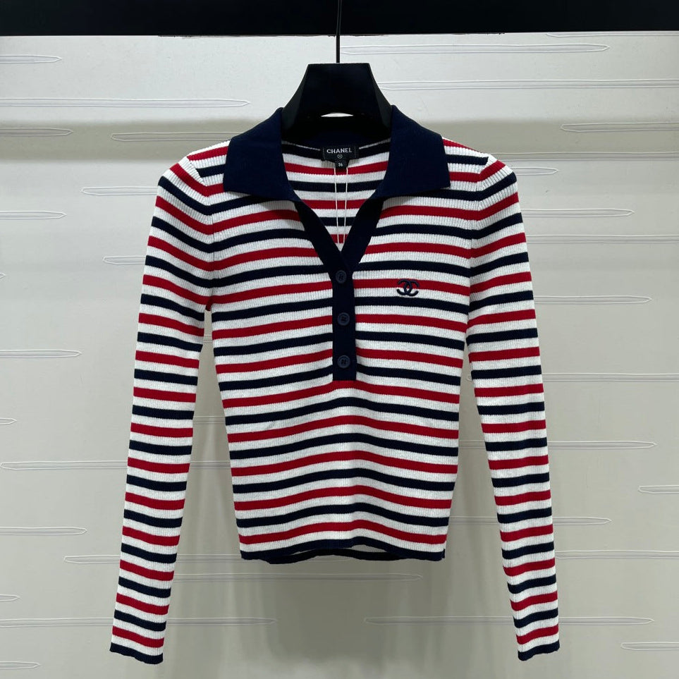 Chanel 2026 Striped Long-Sleeve Top Red Mix Colors Cotton 417672