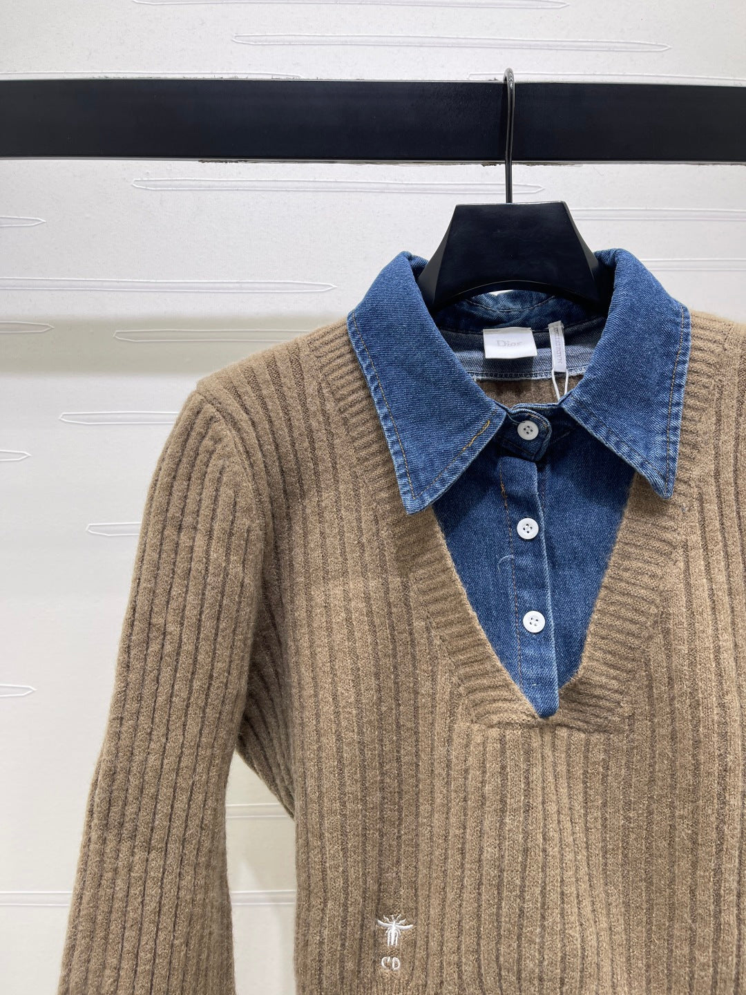 Dior 2026 Denim Patchwork Collared Knit Long-Sleeve Top Wool 779595