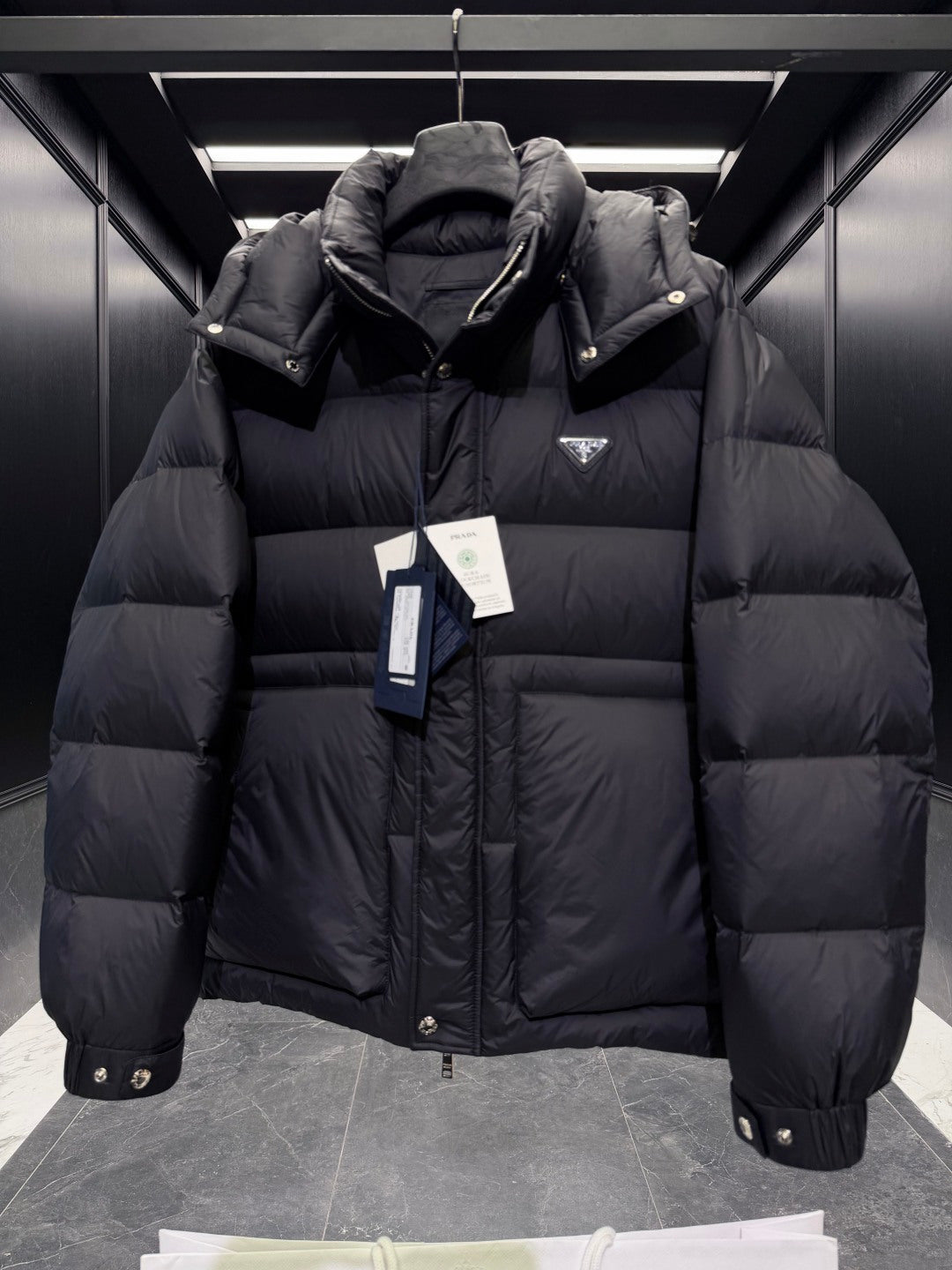 Prada 2025 Quilted Hooded Jacket Black Nylon Down