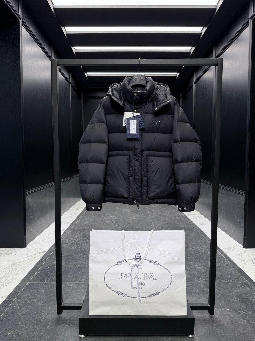 Prada 2025 Quilted Hooded Jacket Black Nylon Down