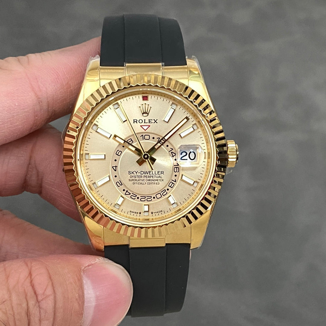 Rolex Sky-Dweller 42mm Gold Case Gold Dial Rubber Strap