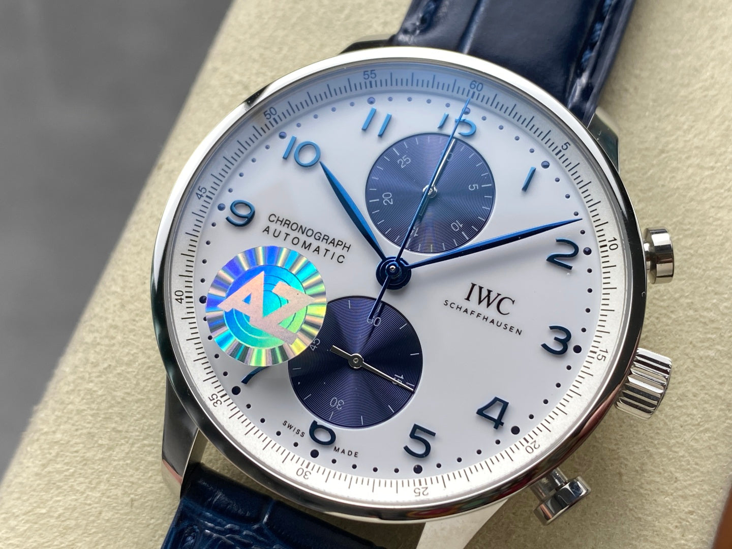 IWC Portuguese 41mm White Blue Dial Steel Case Navy Blue Crocodile Leather