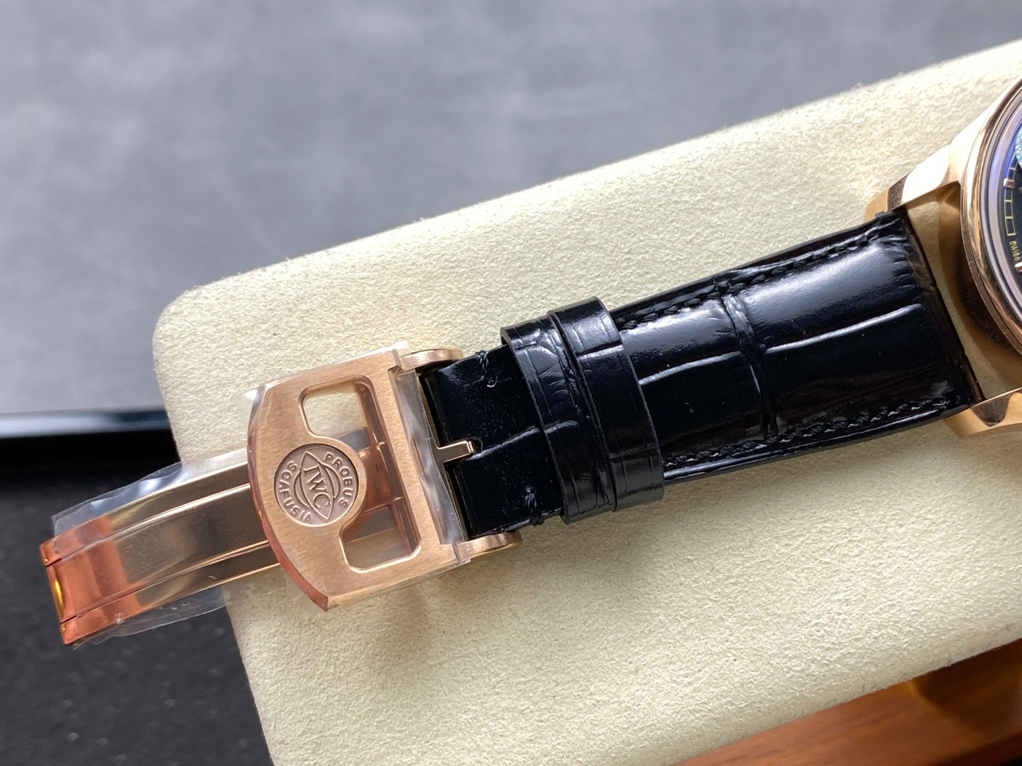 IWC Portuguese 42.4mm Black Dial Pink Gold Case Crocodile Leather