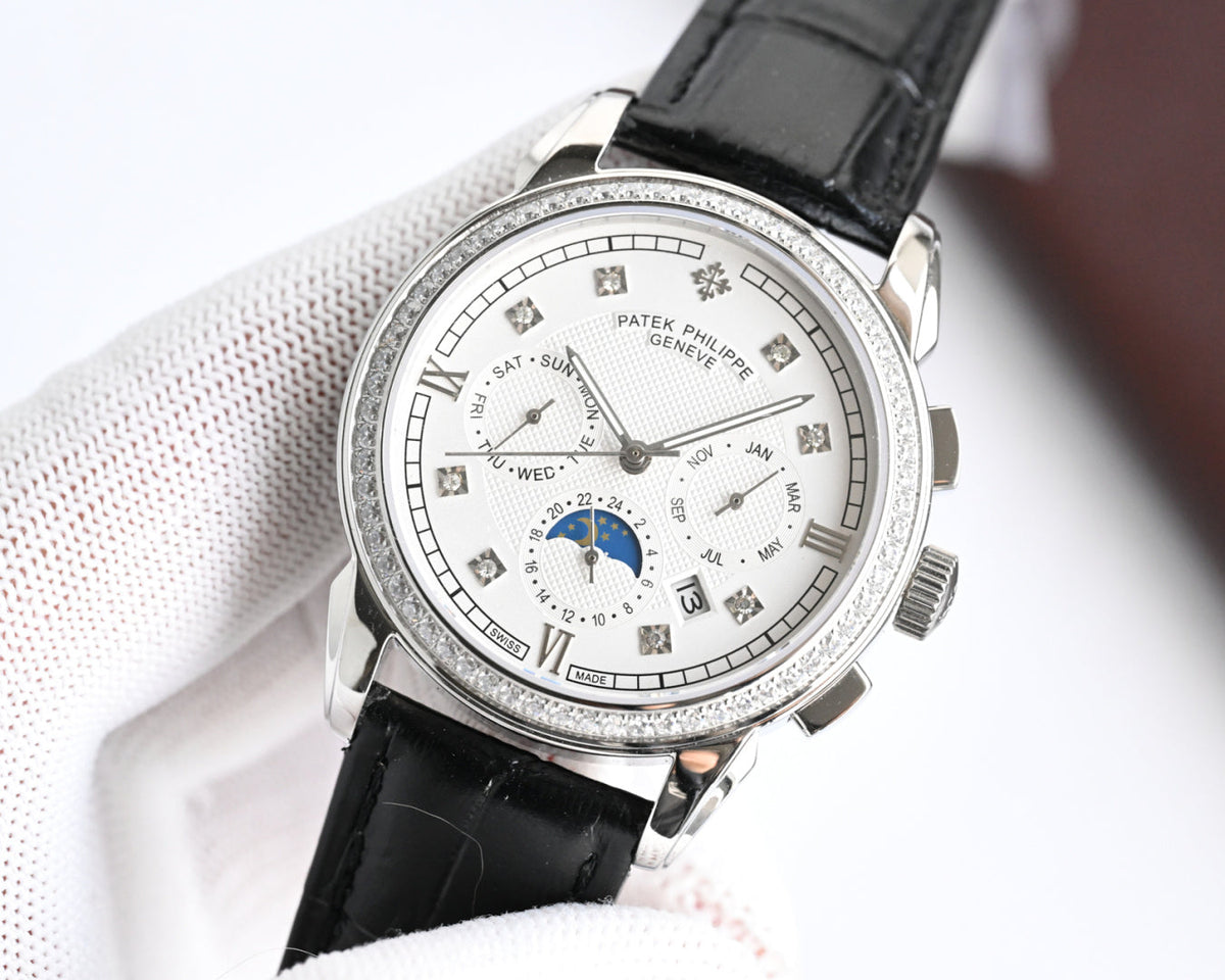 Patek Philippe Annual Calendar 42mm Diamond Benzel Black Leather Strap