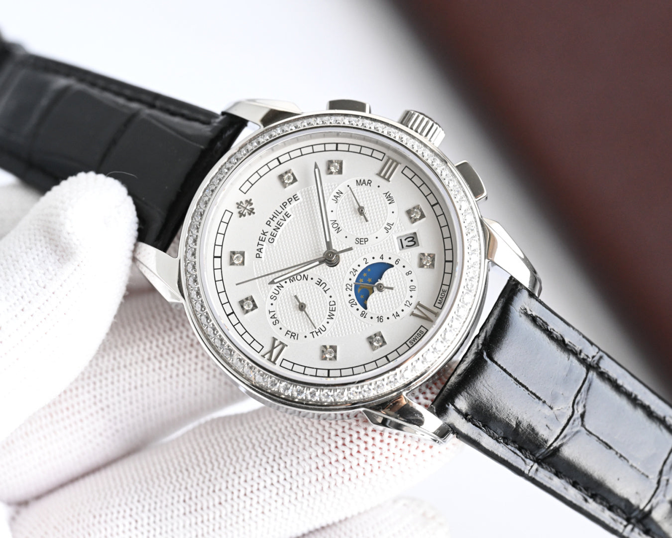 Patek Philippe Annual Calendar 42mm Diamond Benzel Black Leather Strap