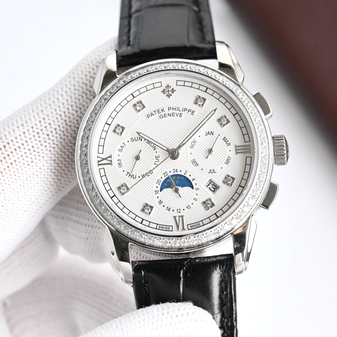 Patek Philippe Annual Calendar 42mm Diamond Benzel Black Leather Strap