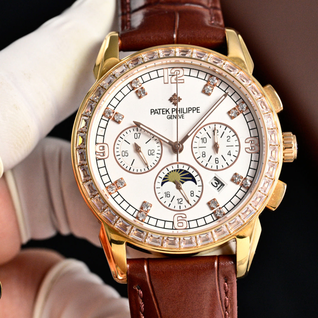 Patek Philippe Annual Calendar 42mm Diamond Benzel Rose Gold Case Brown Leather Strap