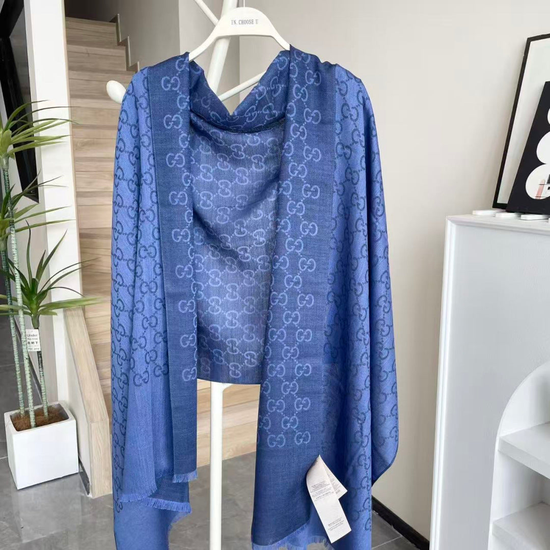 GG Houndstooth Scarf 180CM Blue Cashmere 288128