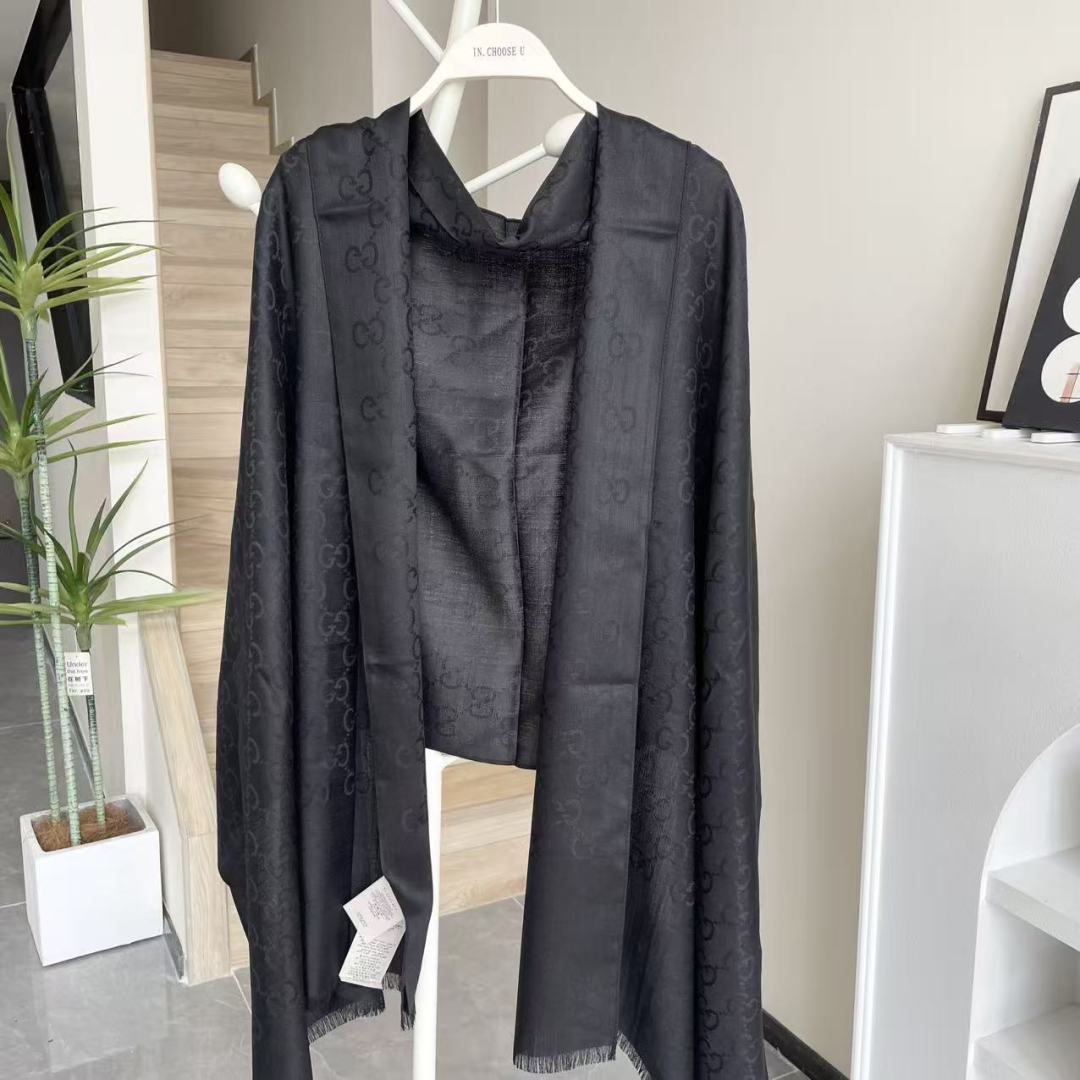 GG Houndstooth Scarf 180CM Black Cashmere 288129