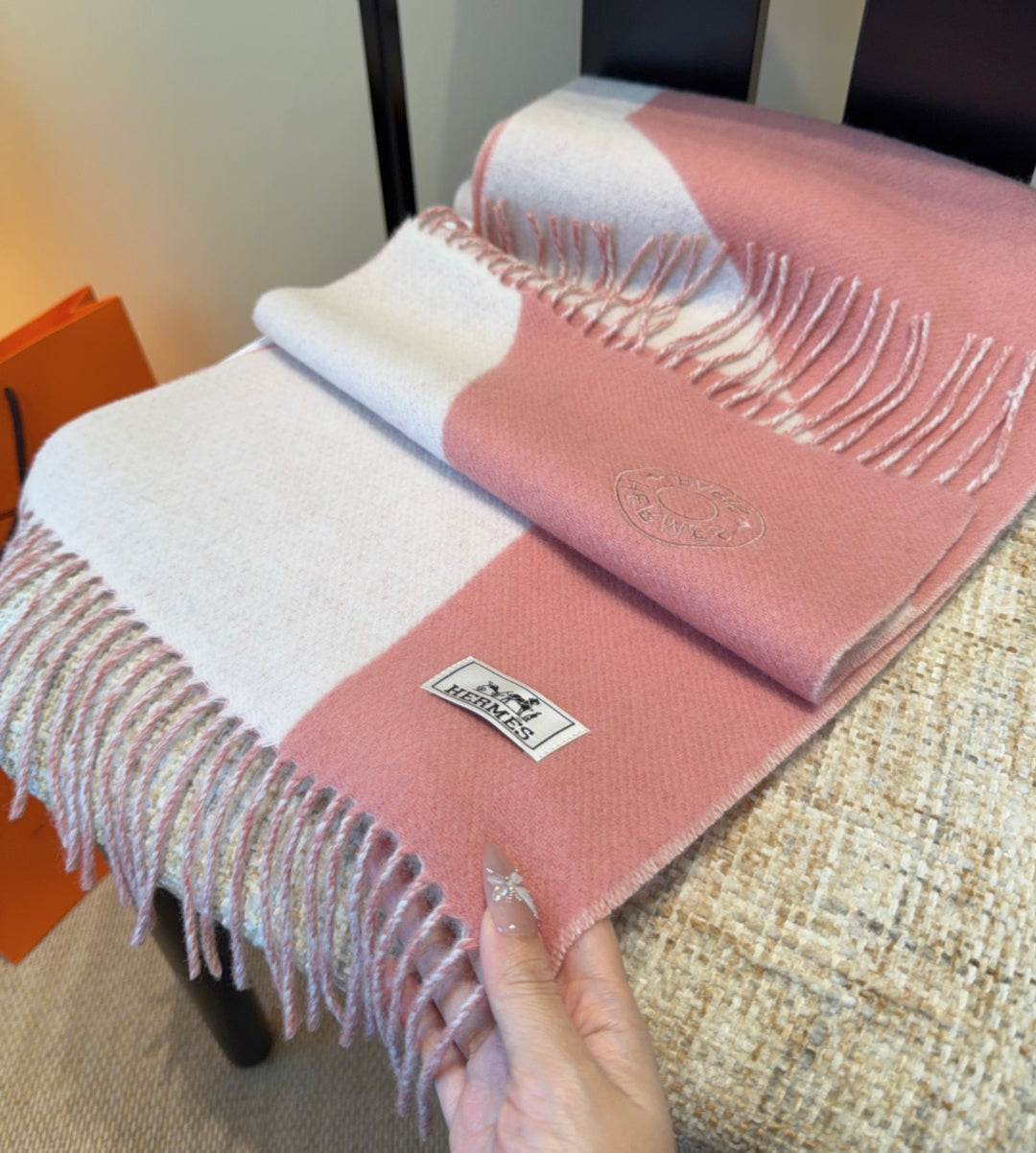 HM Scarf 190 CM Pink Ivory Wool 969496