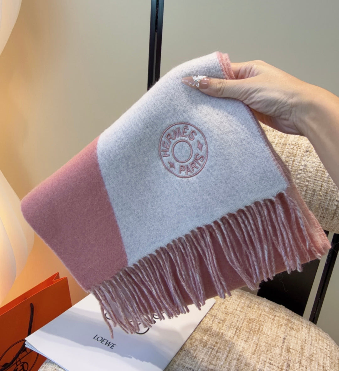 HM Scarf 190 CM Pink Ivory Wool 969496