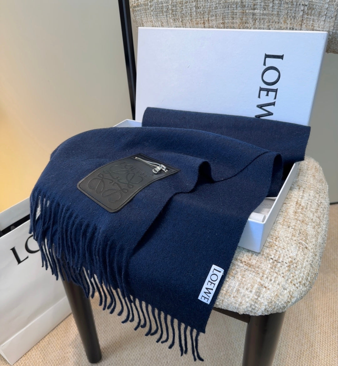 Loewe Scarf 180CM Dark Blue  Mix Black Wool-blend Leather 969503