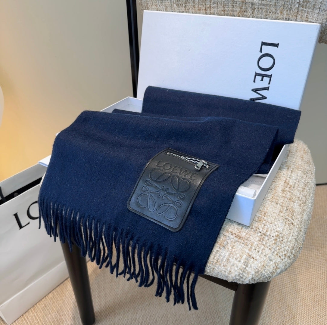 Loewe Scarf 180CM Dark Blue  Mix Black Wool-blend Leather 969503