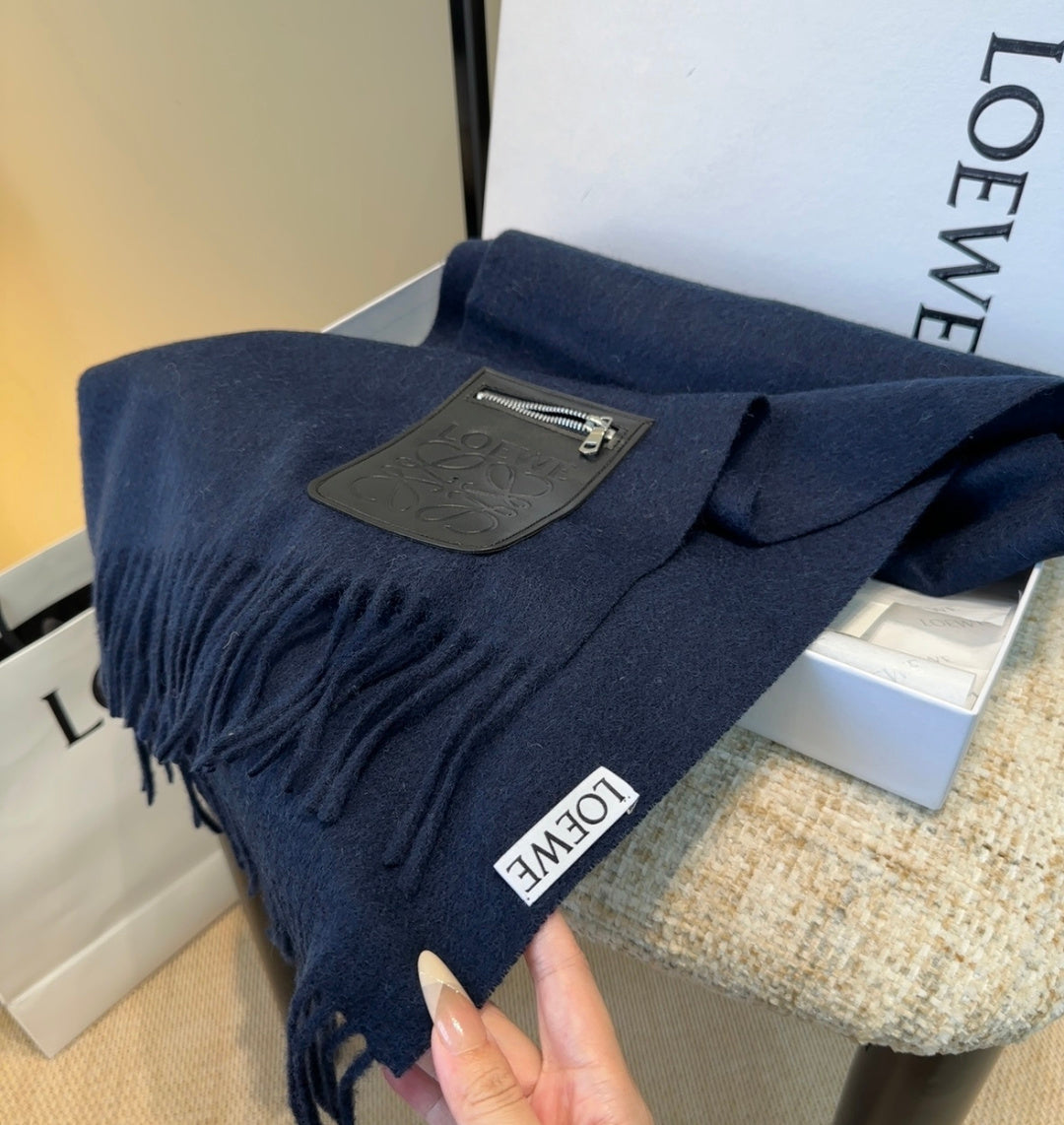 Loewe Scarf 180CM Dark Blue  Mix Black Wool-blend Leather 969503