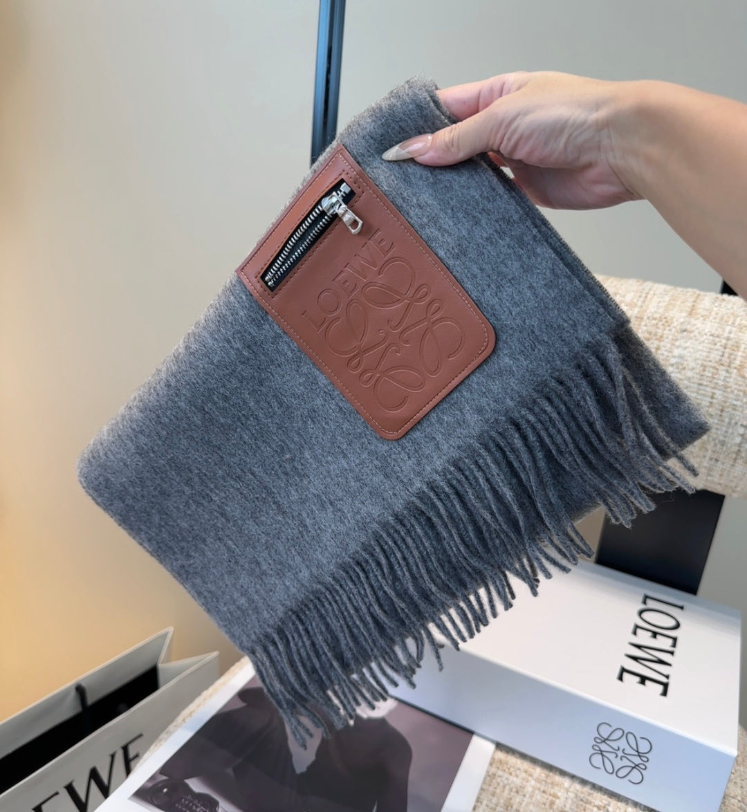 Loewe Scarf 180CM Gray Mix Camel Wool-blend Leather 969504