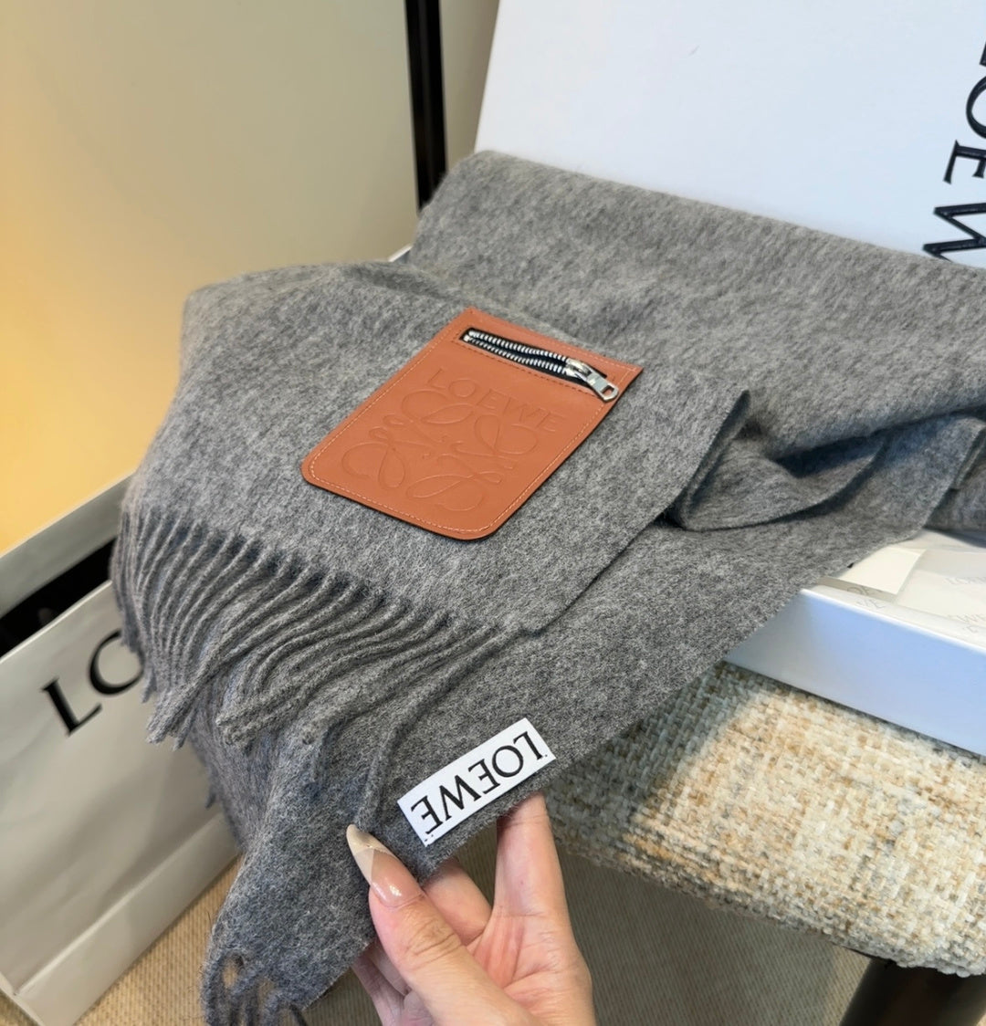 Loewe Scarf 180CM Gray Mix Camel Wool-blend Leather 969504