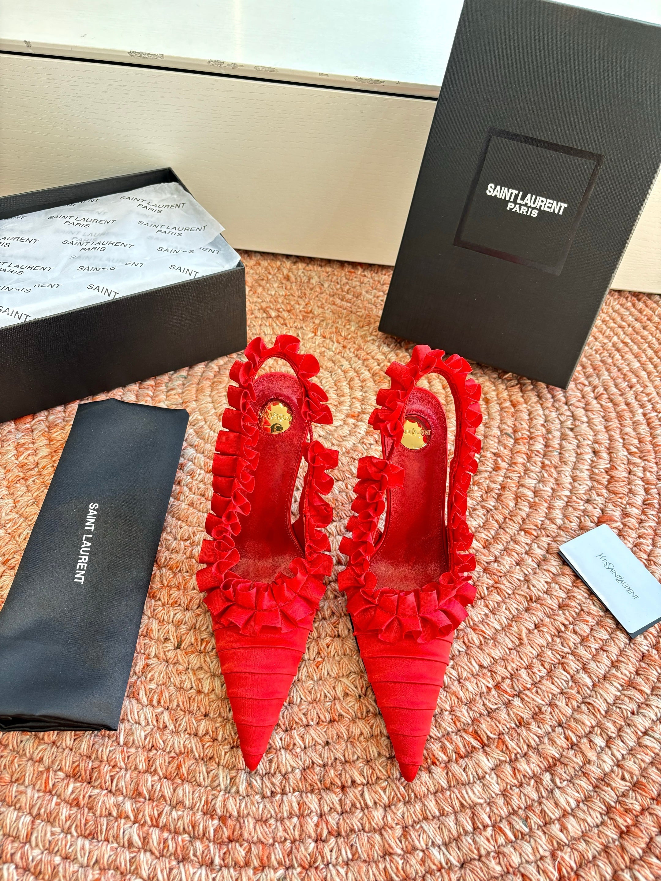 YSL 26ss Slingback Red Silk Leather 648840