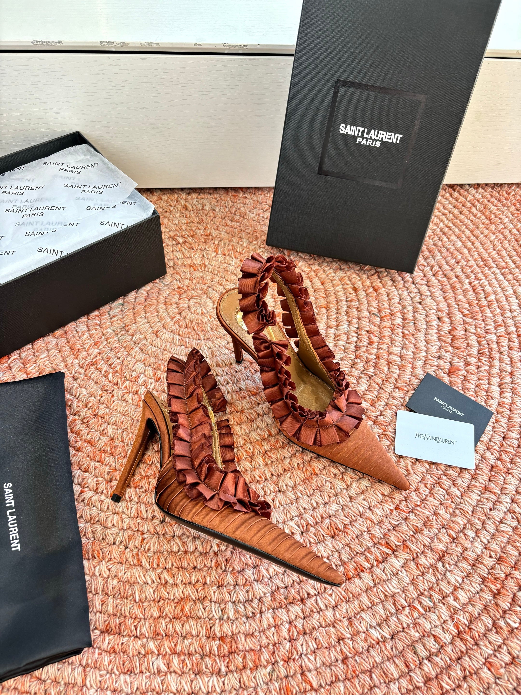 YSL 26ss Slingback Camel Brown Silk Leather  648841