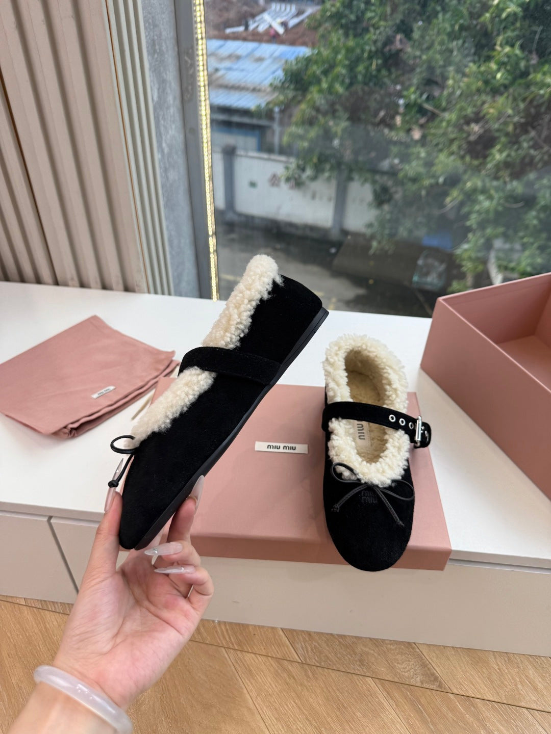 Miu Miu 2026 Shearling Ballet Flats Suede 994179