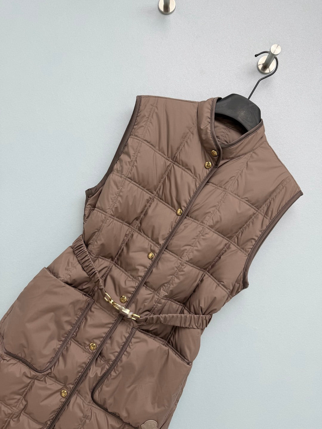 Moncler 2026 Cygnette Square Quilted Long Gilet Brown Down Polyester