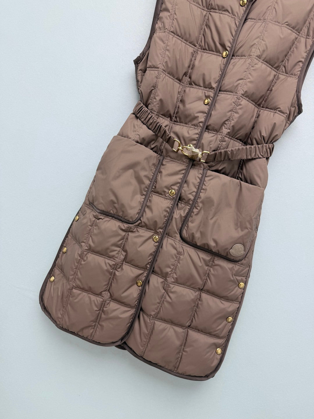 Moncler 2026 Cygnette Square Quilted Long Gilet Brown Down Polyester