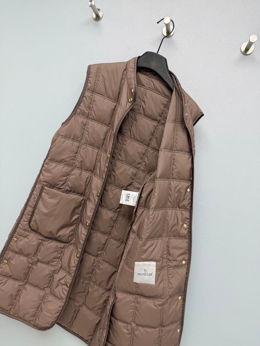 Moncler 2026 Cygnette Square Quilted Long Gilet Brown Down Polyester