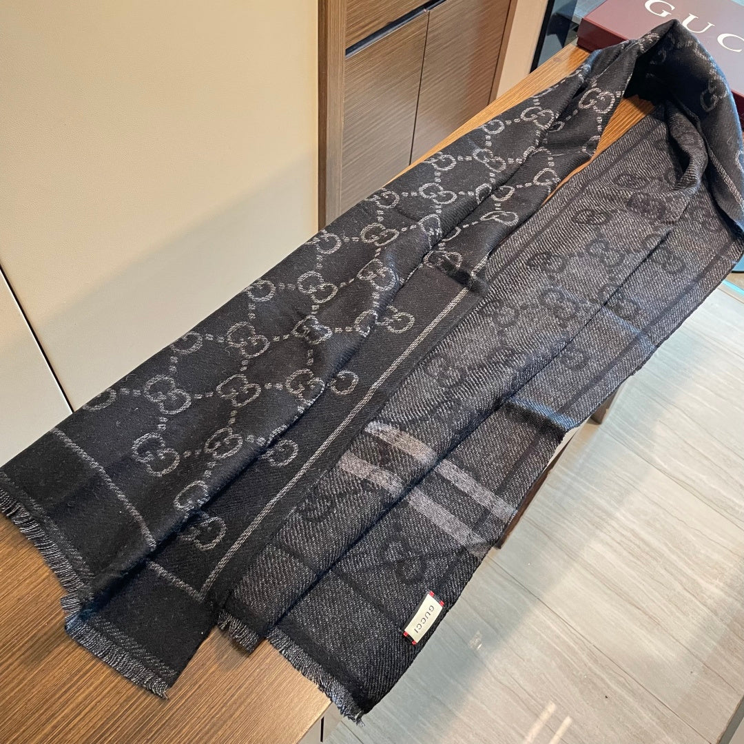 GG Double G Jacquard Scarf 180CM  Black Wool 283097