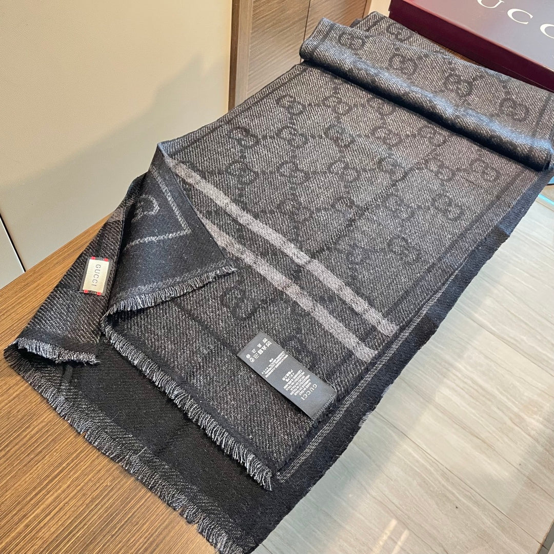 GG Double G Jacquard Scarf 180CM  Black Wool 283097